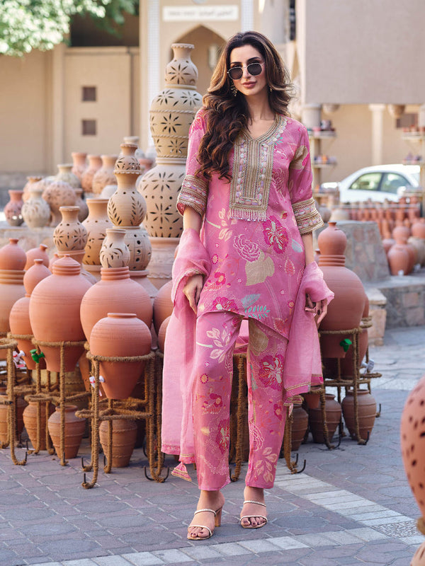 Pink Floral Printed Kurti with Pant and Dupatta (Set of 3)