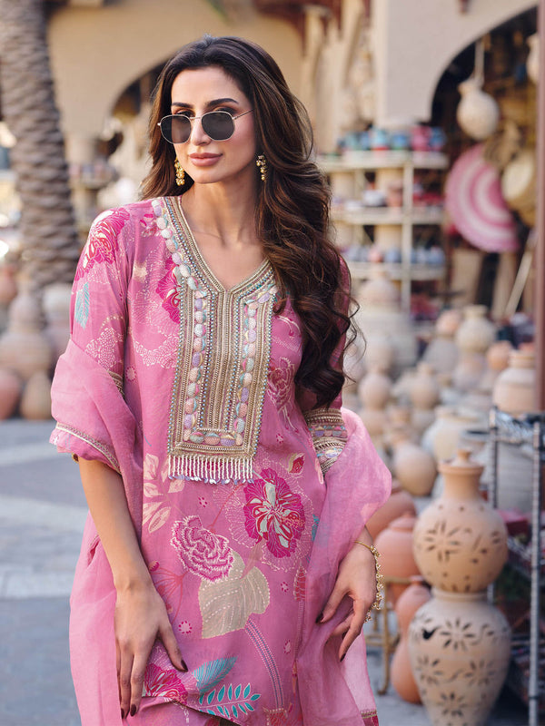 Pink Floral Printed Kurti with Pant and Dupatta (Set of 3)