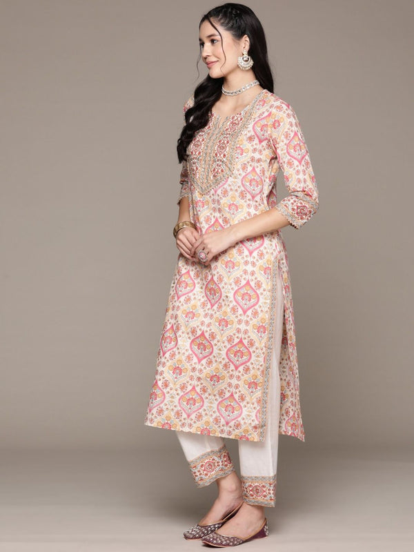 Straight Style Cotton Cream Kurta with Pant & Dupatta (Set of 3)