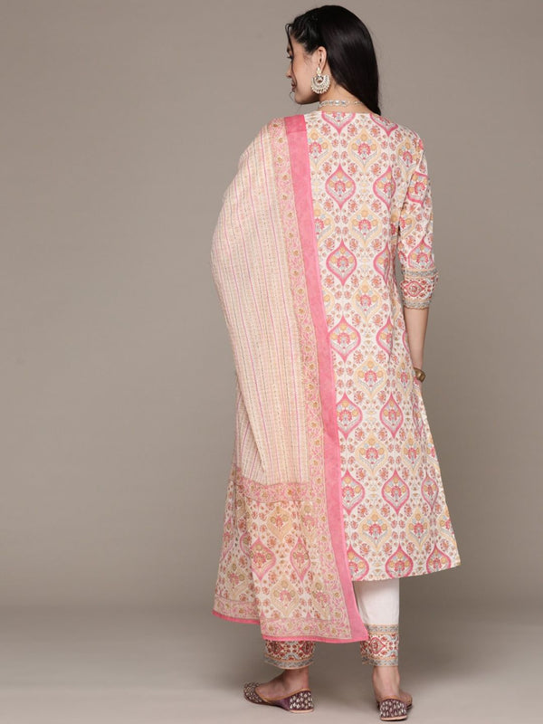 Straight Style Cotton Cream Kurta with Pant & Dupatta (Set of 3)