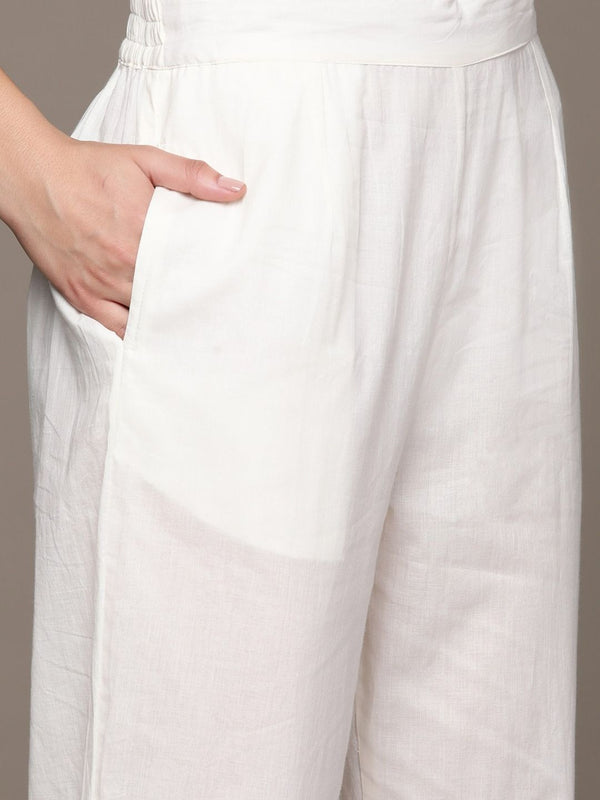 Straight Style Cotton Cream Kurta with Pant & Dupatta (Set of 3)