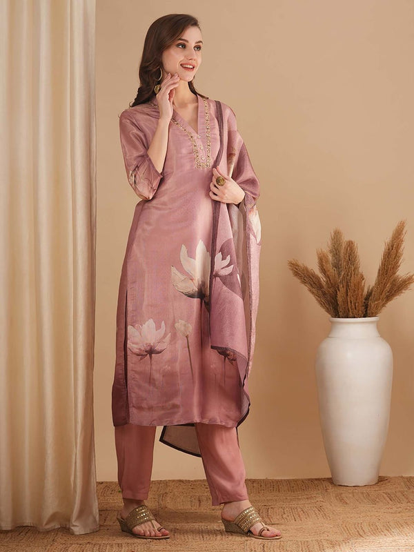 Floral Printed and Embellished Straight Fit Pink Kurta with Pant & Dupatta (Set of 3)