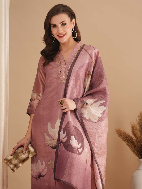 Floral Printed and Embellished Straight Fit Pink Kurta with Pant & Dupatta (Set of 3)