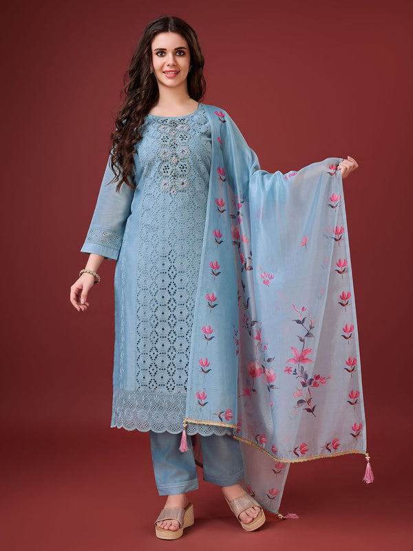 Sky Blue Chanderi Silk Embroidered Chikankari Kurta with Pant and Dupatta (Set of 3)