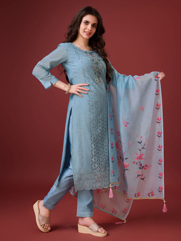 Sky Blue Chanderi Silk Embroidered Chikankari Kurta with Pant and Dupatta (Set of 3)