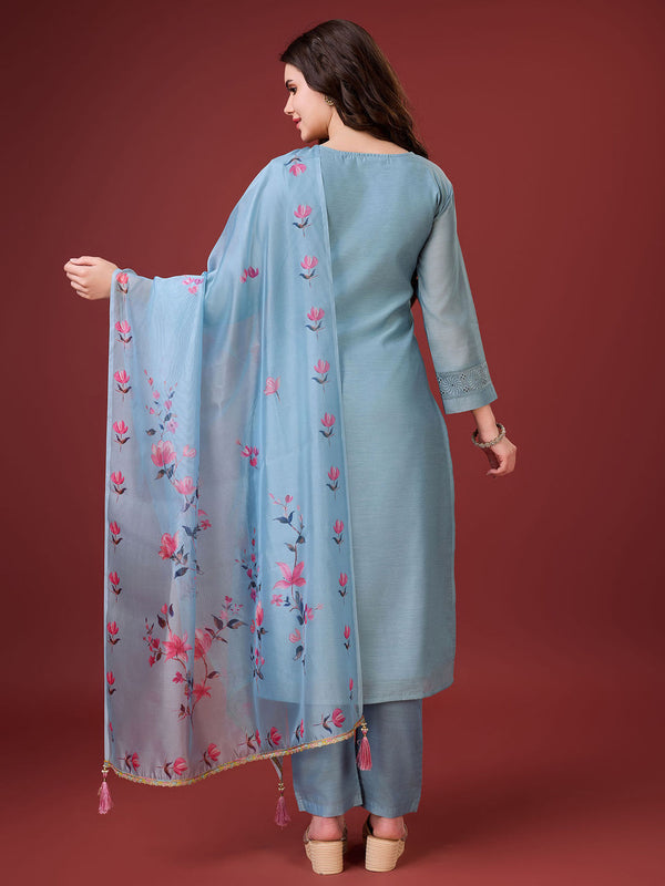 Sky Blue Chanderi Silk Embroidered Chikankari Kurta with Pant and Dupatta (Set of 3)
