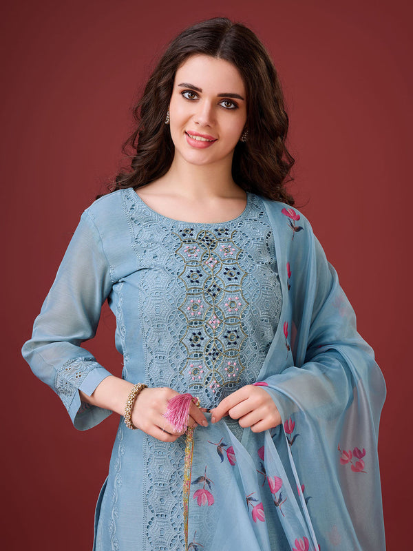 Sky Blue Chanderi Silk Embroidered Chikankari Kurta with Pant and Dupatta (Set of 3)