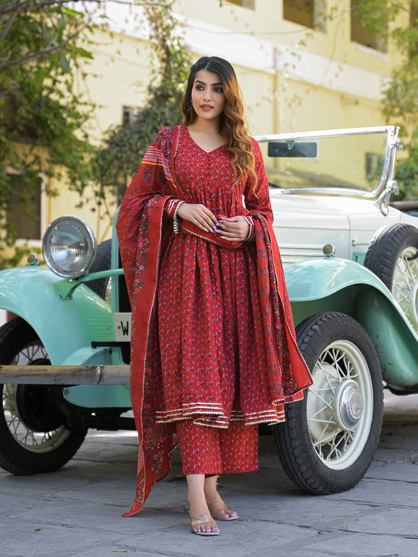 Women Ethnic Motifs Printed Regular Pure Cotton Kurta with Trousers & With Dupatta