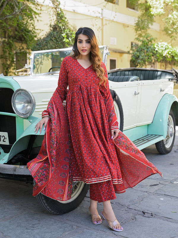 Women Ethnic Motifs Printed Regular Pure Cotton Kurta with Trousers & With Dupatta