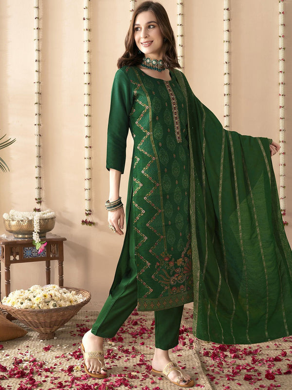 Green Ethnic Motifs Embroidered Jacquard Pure Silk Kurta & Trouser & Dupatta