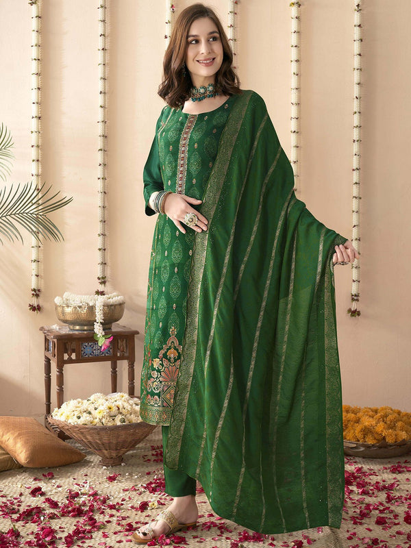Green Ethnic Motifs Embroidered Jacquard Pure Silk Kurta & Trouser & Dupatta