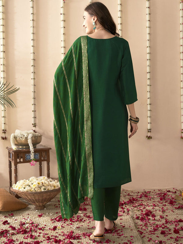 Green Ethnic Motifs Embroidered Jacquard Pure Silk Kurta & Trouser & Dupatta