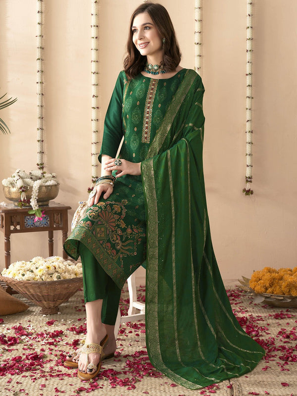 Green Ethnic Motifs Embroidered Jacquard Pure Silk Kurta & Trouser & Dupatta