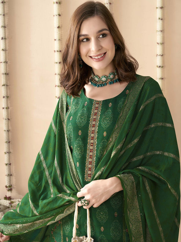 Green Ethnic Motifs Embroidered Jacquard Pure Silk Kurta & Trouser & Dupatta