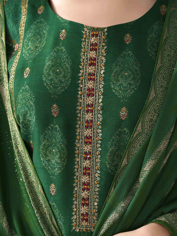 Green Ethnic Motifs Embroidered Jacquard Pure Silk Kurta & Trouser & Dupatta