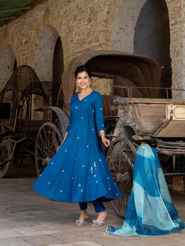 Teal Embroidered Handwork Angarkha Kurta With Pant & Dupatta (Set of 3)