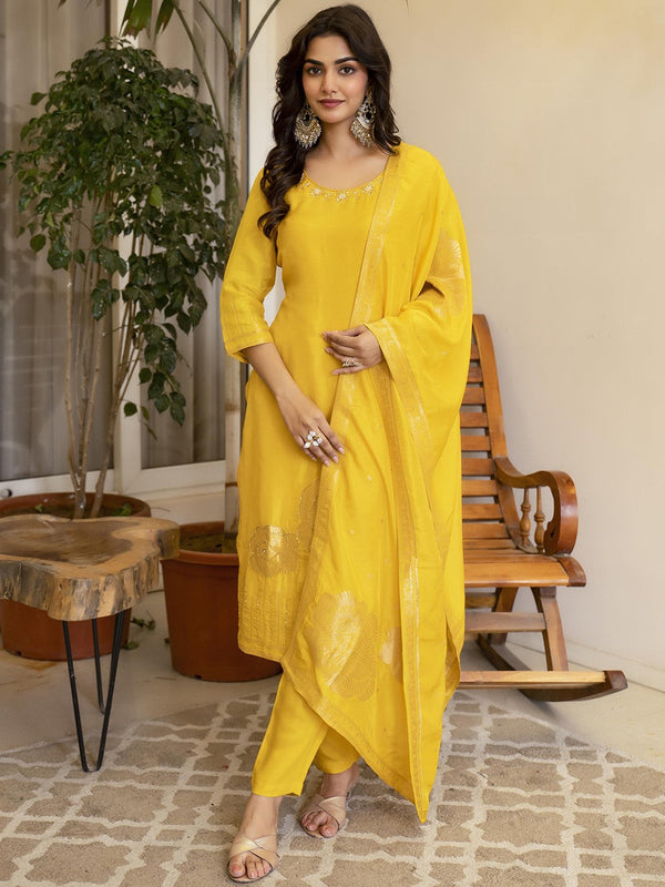 Women Embroidered Regular Zardozi Pure Silk Kurta with Trousers & With Dupatta