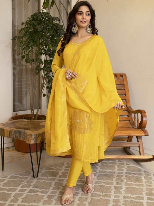 Women Embroidered Regular Zardozi Pure Silk Kurta with Trousers & With Dupatta