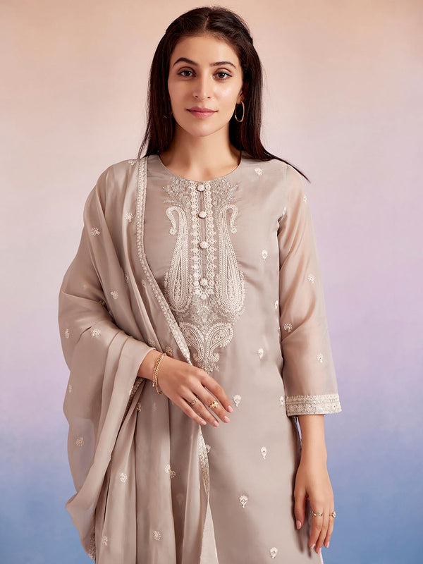 Beige Dori Embroidered Festive Kurta with Pant & Dupatta (Set of 3)