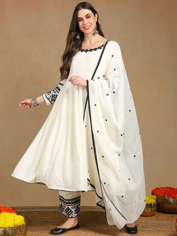 Women Embroidered Anarkali Kurta & Trousers With Dupatta