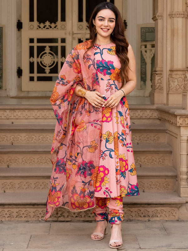 Floral Printed Boat Neck Anarkali Kurta with Churidar & Dupatta
