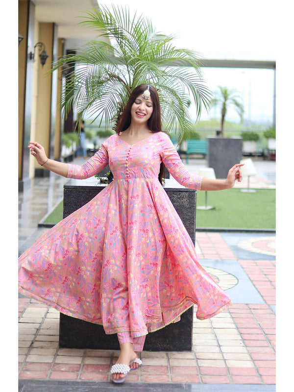 Pink Cotton Floral Anarkali Pant with Dupatta (Set of 3)