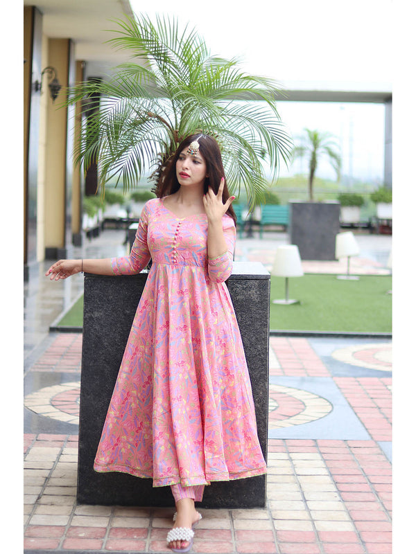 Pink Cotton Floral Anarkali Pant with Dupatta (Set of 3)