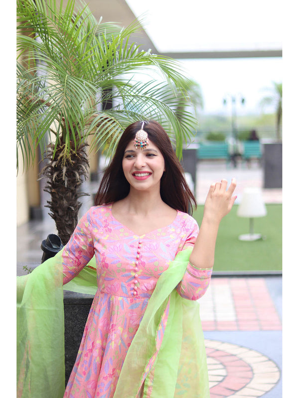 Pink Cotton Floral Anarkali Pant with Dupatta (Set of 3)