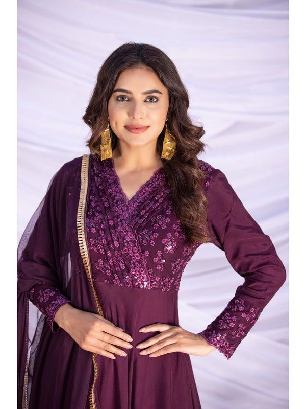 Purple Lace Embroidered Anarkali Kurta with Pant and Dupatta (Set of 3)