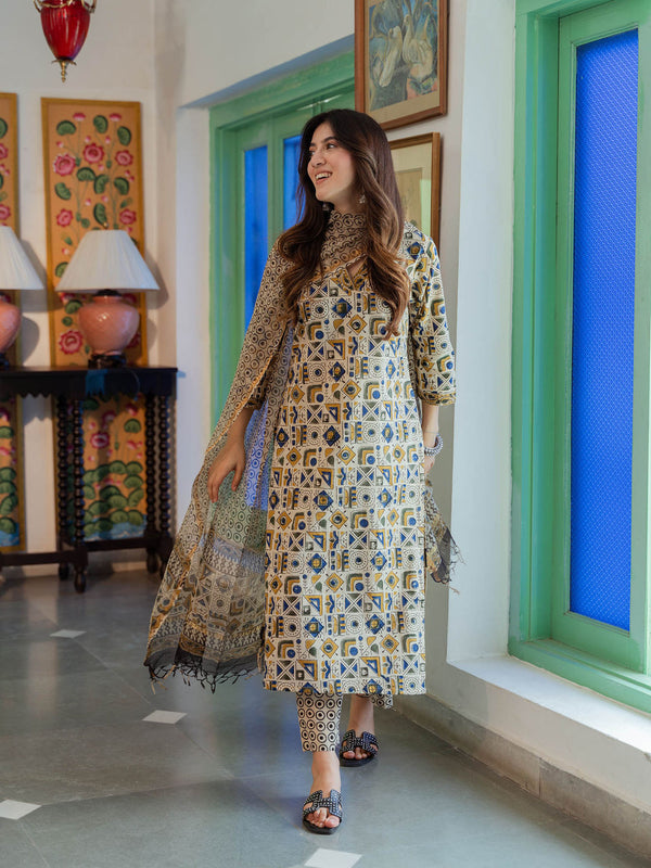 Beige Abstract Cotton Geometric Kurta with Pant & Dupatta (Set of 3)