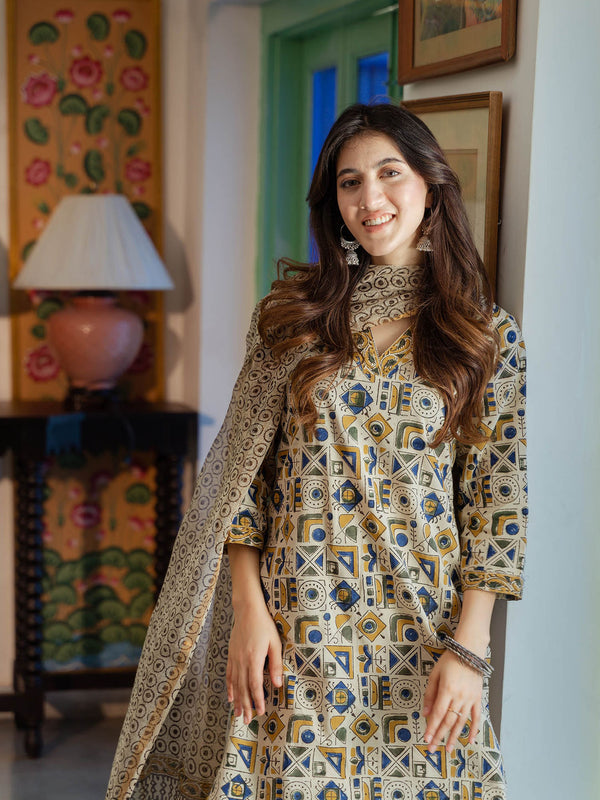 Beige Abstract Cotton Geometric Kurta with Pant & Dupatta (Set of 3)