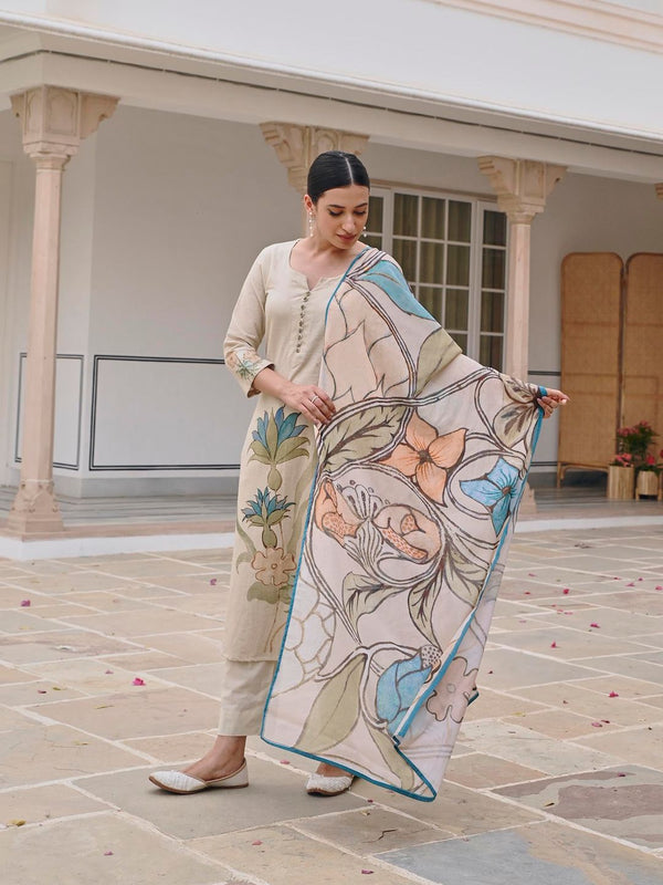 Blue Handloom Cotton Straight Kurta with Pant and Dupatta (Set of 3)