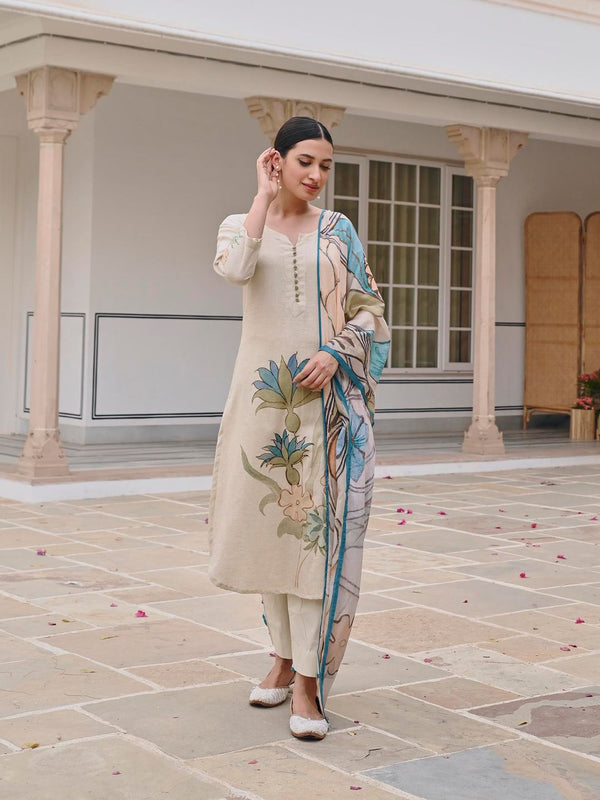 Blue Handloom Cotton Straight Kurta with Pant and Dupatta (Set of 3)