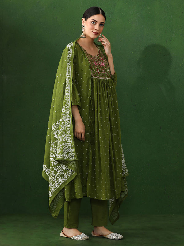 Green Embroidered A-Line Pure Cotton Kurta & Pant with Dupatta (Set of 3)