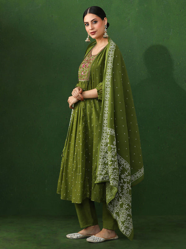 Green Embroidered A-Line Pure Cotton Kurta & Pant with Dupatta (Set of 3)