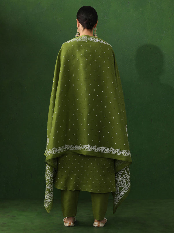 Green Embroidered A-Line Pure Cotton Kurta & Pant with Dupatta (Set of 3)