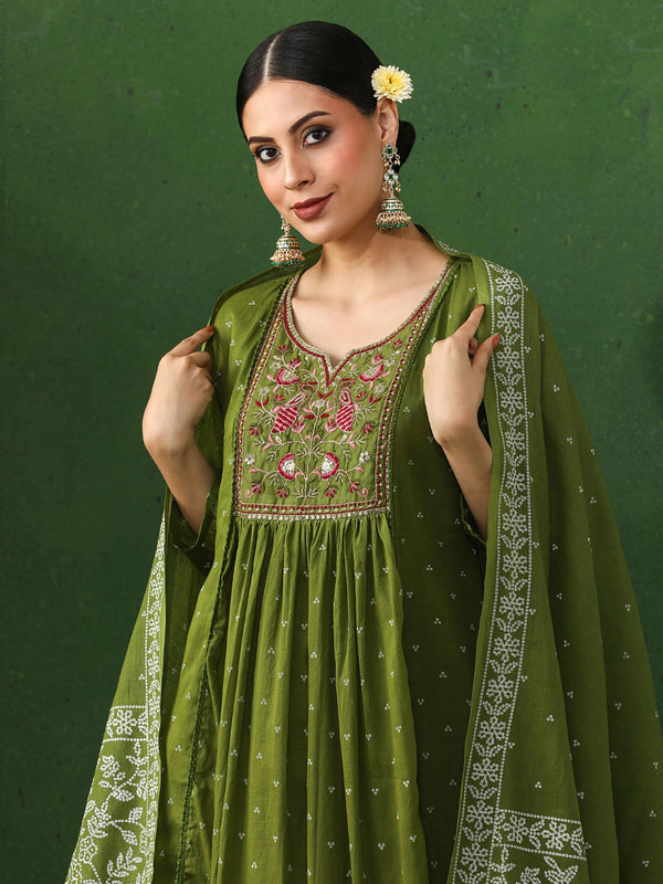 Green Embroidered A-Line Pure Cotton Kurta & Pant with Dupatta (Set of 3)