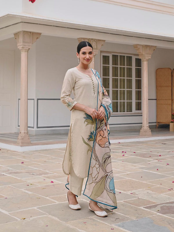 Blue Handloom Cotton Straight Kurta with Pant and Dupatta (Set of 3)