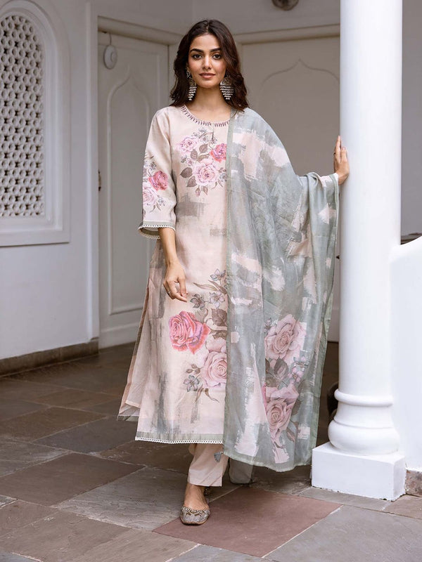 Women Cream Modal Shimmer Kurta with Pant & Dupatta (Set of 3)