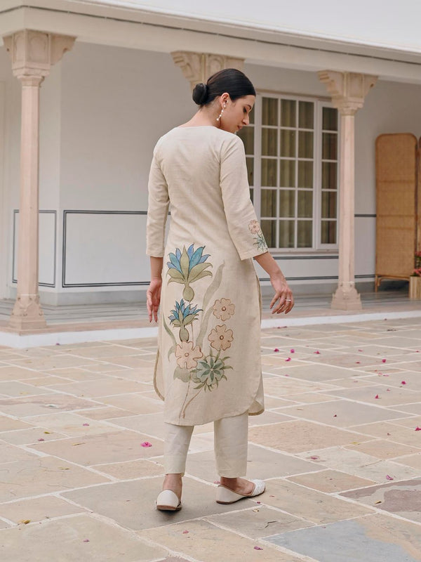 Blue Handloom Cotton Straight Kurta with Pant and Dupatta (Set of 3)