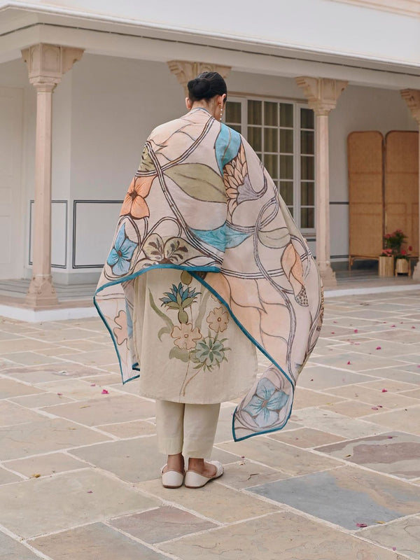 Blue Handloom Cotton Straight Kurta with Pant and Dupatta (Set of 3)