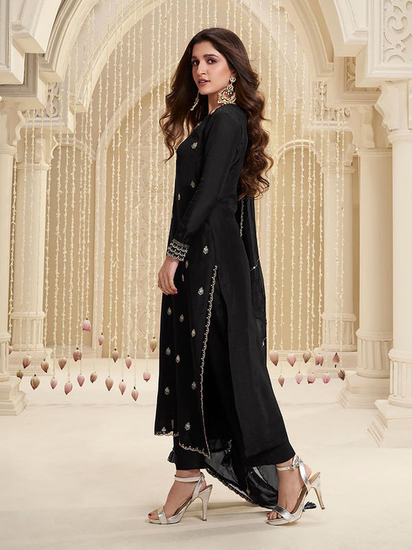 Black Embroidery Silk Straight Kurta with Pant and Dupatta (Set of 3)