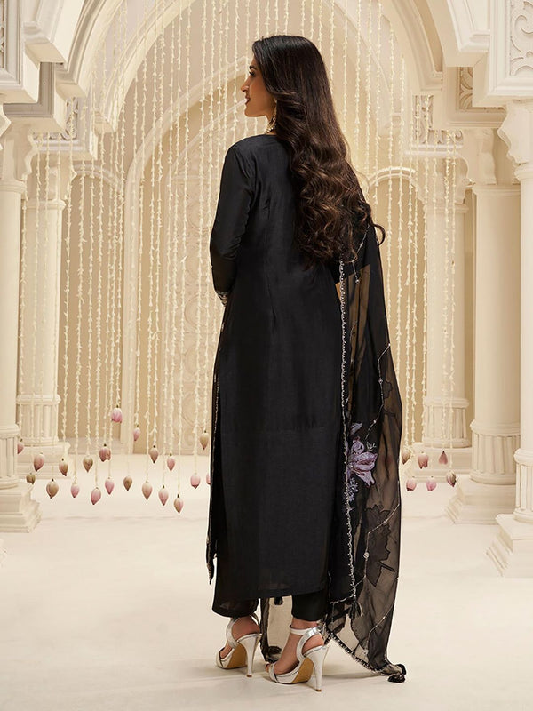 Black Embroidery Silk Straight Kurta with Pant and Dupatta (Set of 3)