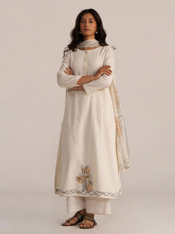 Off-White Cotton Woven Kurta with Palazzo & Dupatta (Set of 3)