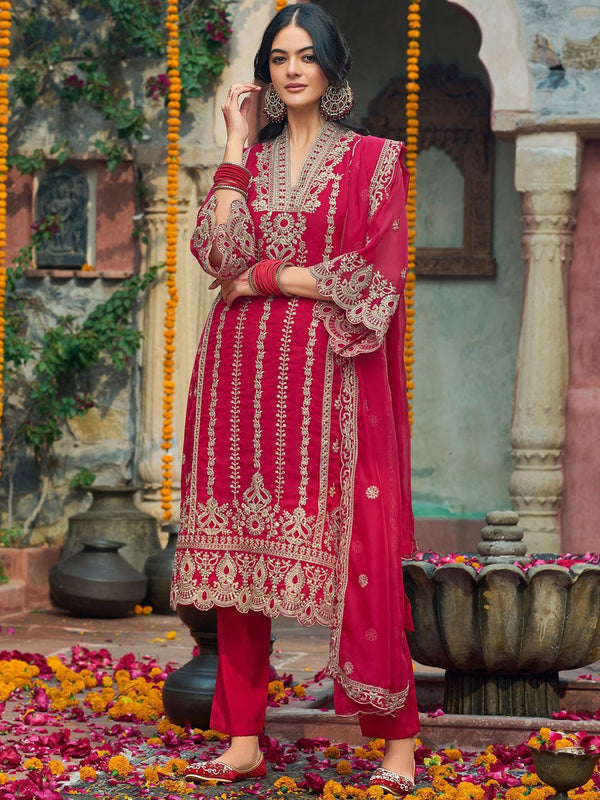 Ethnic Motifs Embroidered V-Neck Zari Organza Kurta With Trousers And Dupatta