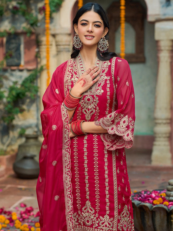Ethnic Motifs Embroidered V-Neck Zari Organza Kurta With Trousers And Dupatta