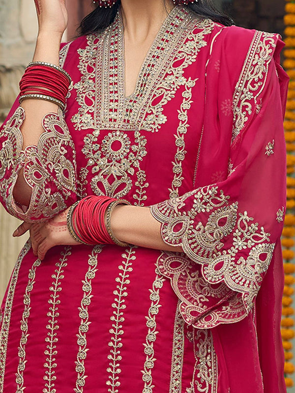 Ethnic Motifs Embroidered V-Neck Zari Organza Kurta With Trousers And Dupatta