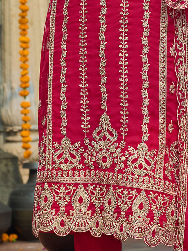 Ethnic Motifs Embroidered V-Neck Zari Organza Kurta With Trousers And Dupatta