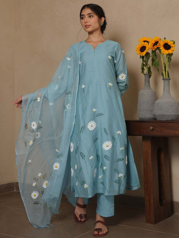 Janica Sky Chanderi Hand Paint Kurta and Pant with Dupatta (Set of 3)