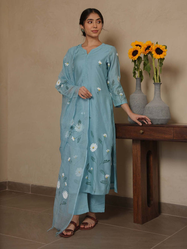 Janica Sky Chanderi Hand Paint Kurta and Pant with Dupatta (Set of 3)